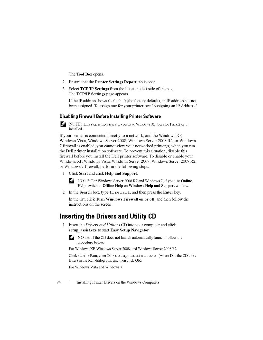 Dell 2150cn manual Inserting the Drivers and Utility CD, Disabling Firewall Before Installing Printer Software 