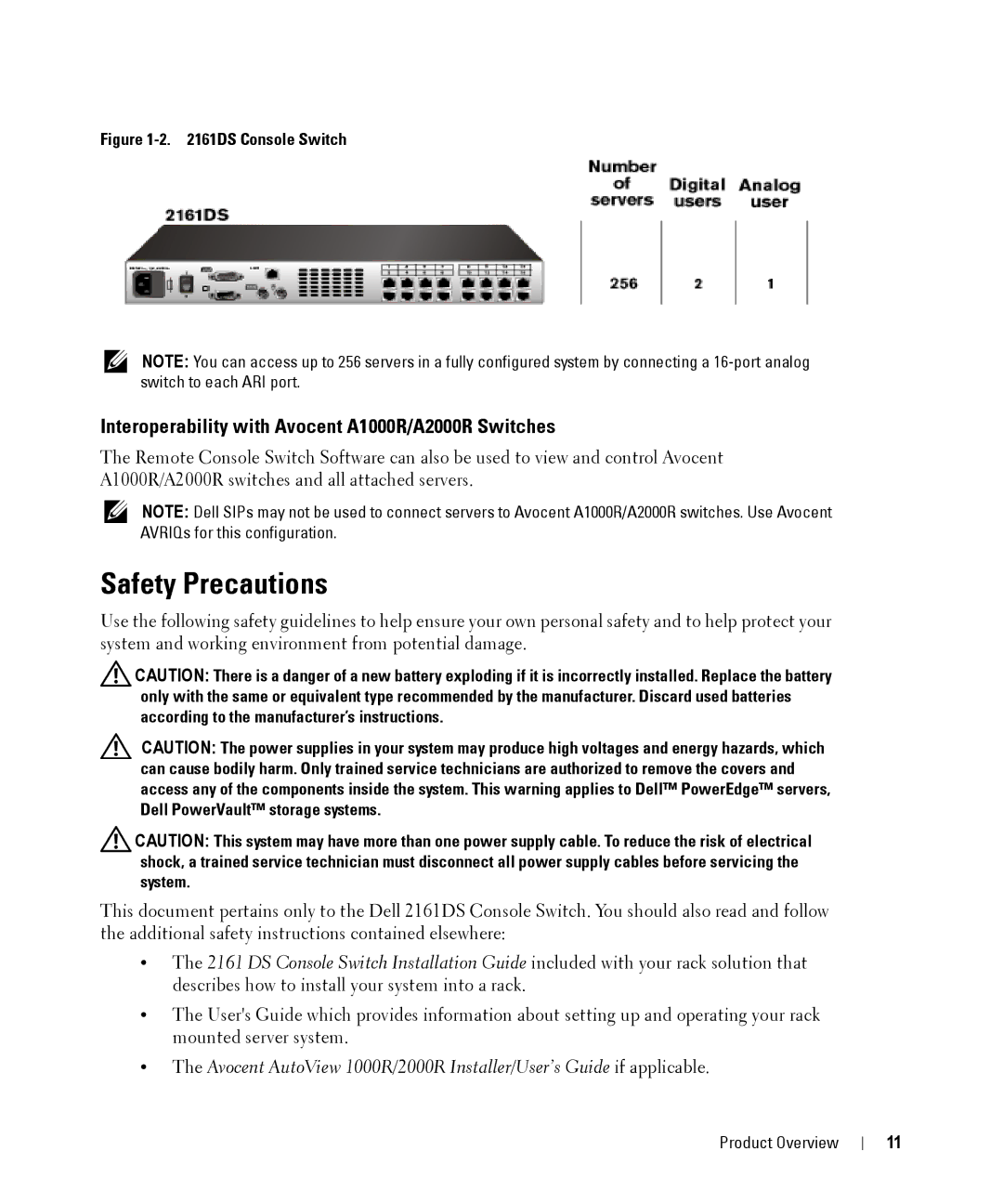 Dell 2161DS manual Safety Precautions, Interoperability with Avocent A1000R/A2000R Switches 