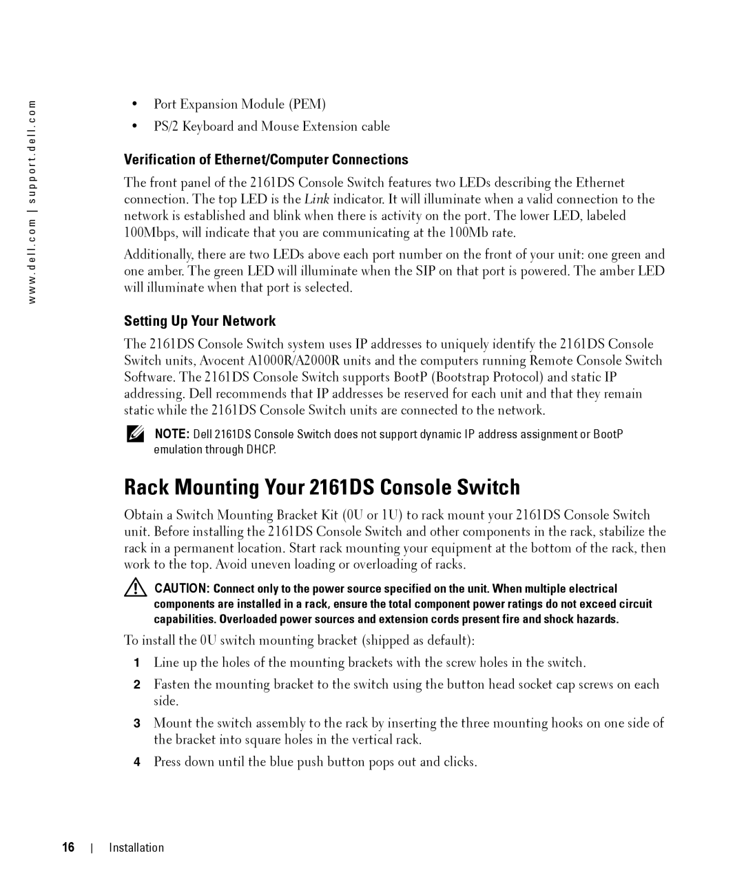 Dell Rack Mounting Your 2161DS Console Switch, Verification of Ethernet/Computer Connections, Setting Up Your Network 