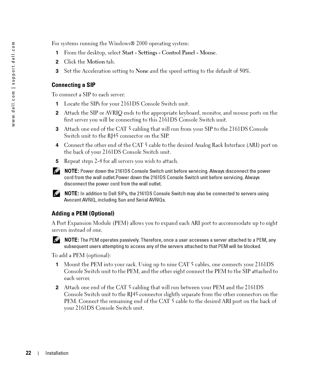 Dell 2161DS manual Connecting a SIP, Adding a PEM Optional 