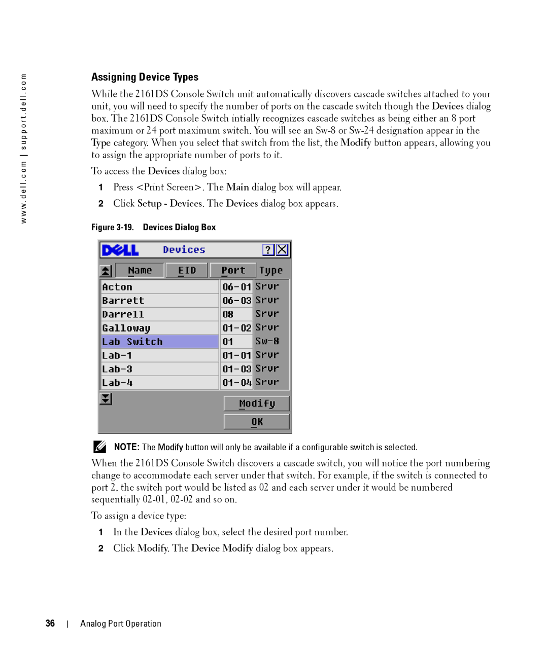 Dell 2161DS manual Assigning Device Types, Devices Dialog Box 