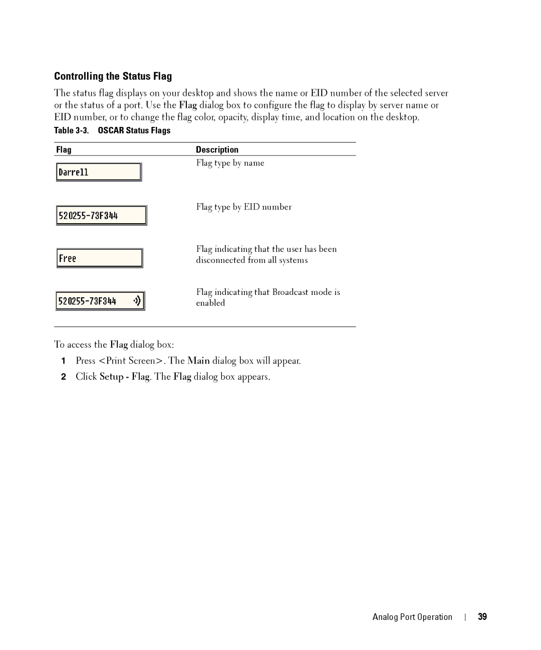 Dell 2161DS manual Controlling the Status Flag, Oscar Status Flags Description 