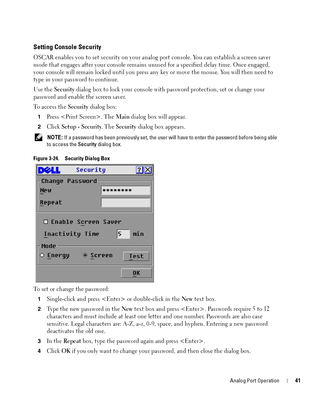 Dell 2161DS manual Setting Console Security, Security Dialog Box 