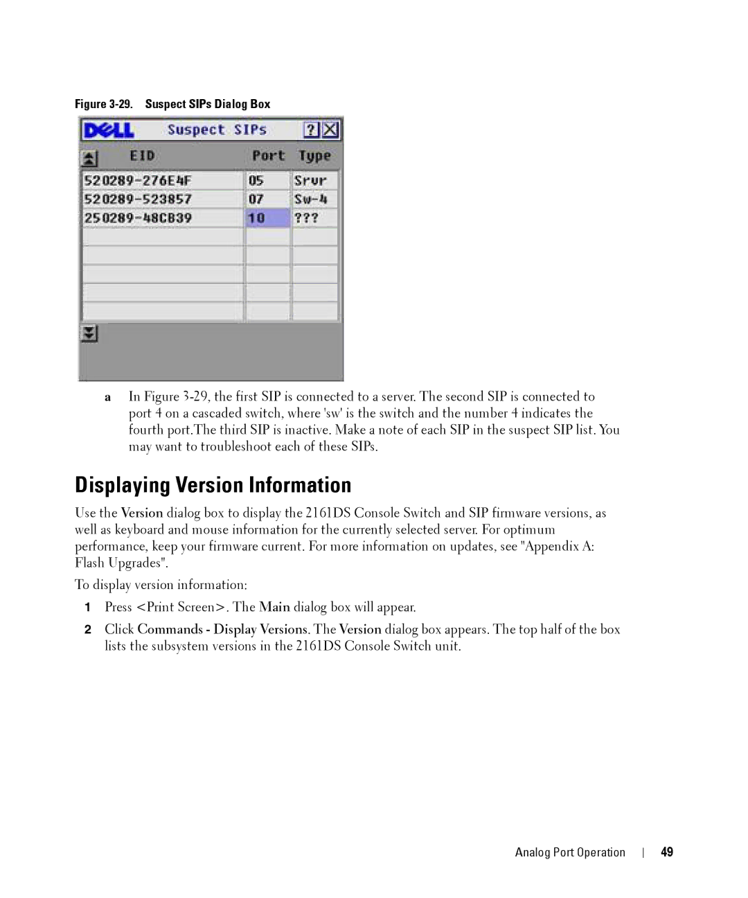 Dell 2161DS manual Displaying Version Information, Suspect SIPs Dialog Box 