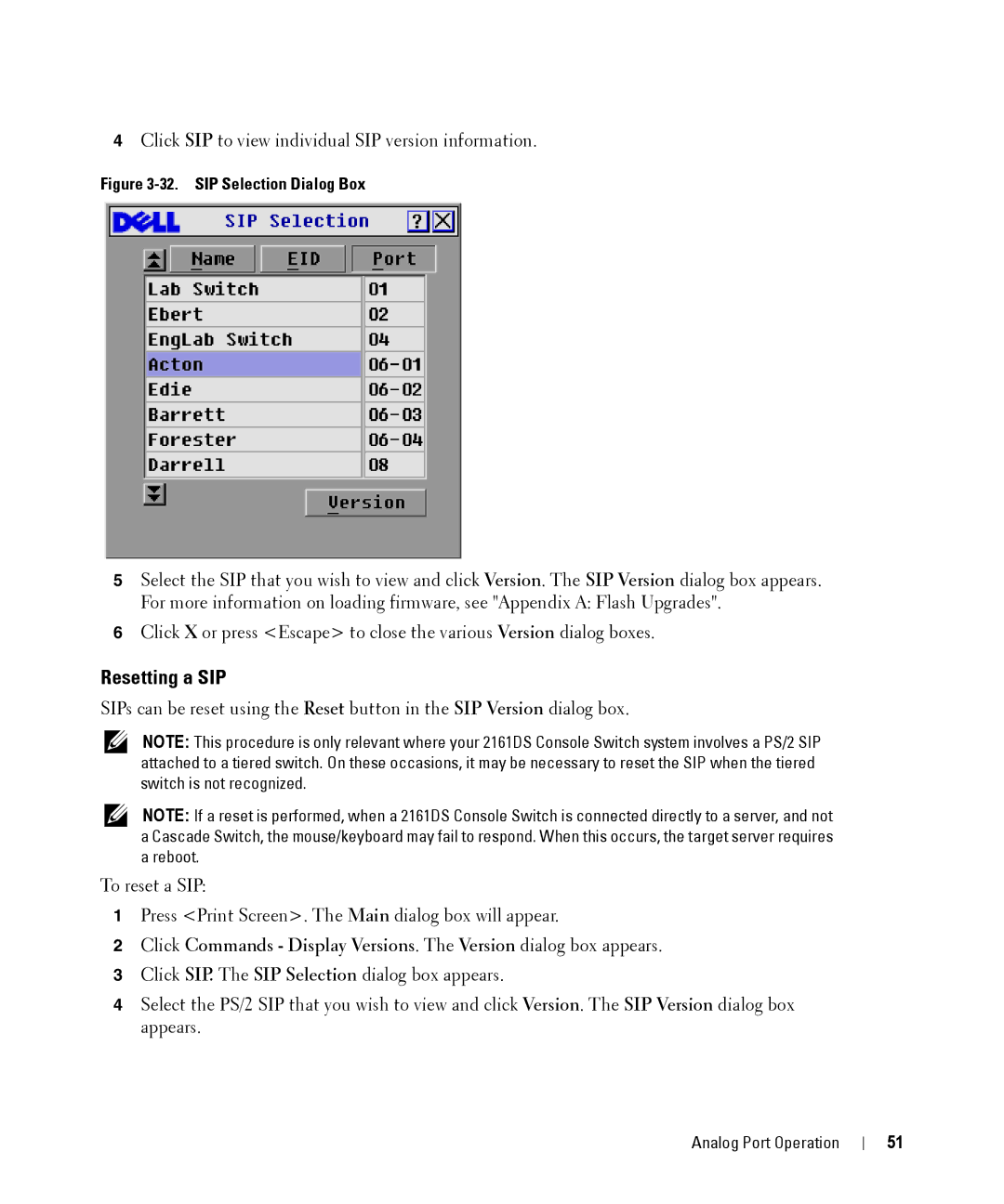 Dell 2161DS manual Resetting a SIP, SIP Selection Dialog Box 