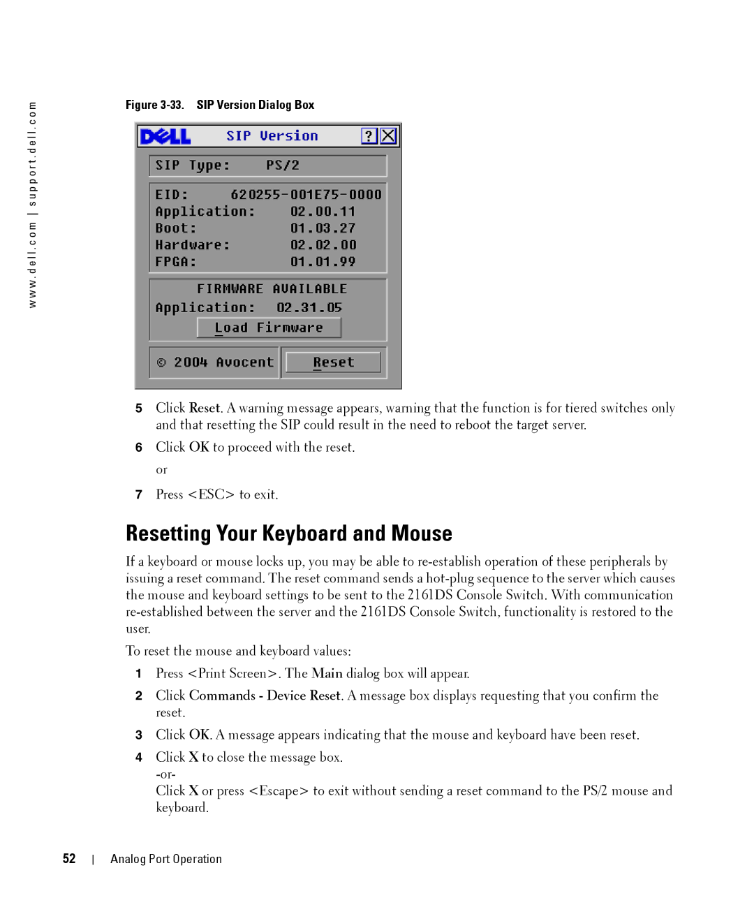 Dell 2161DS manual Resetting Your Keyboard and Mouse, SIP Version Dialog Box 