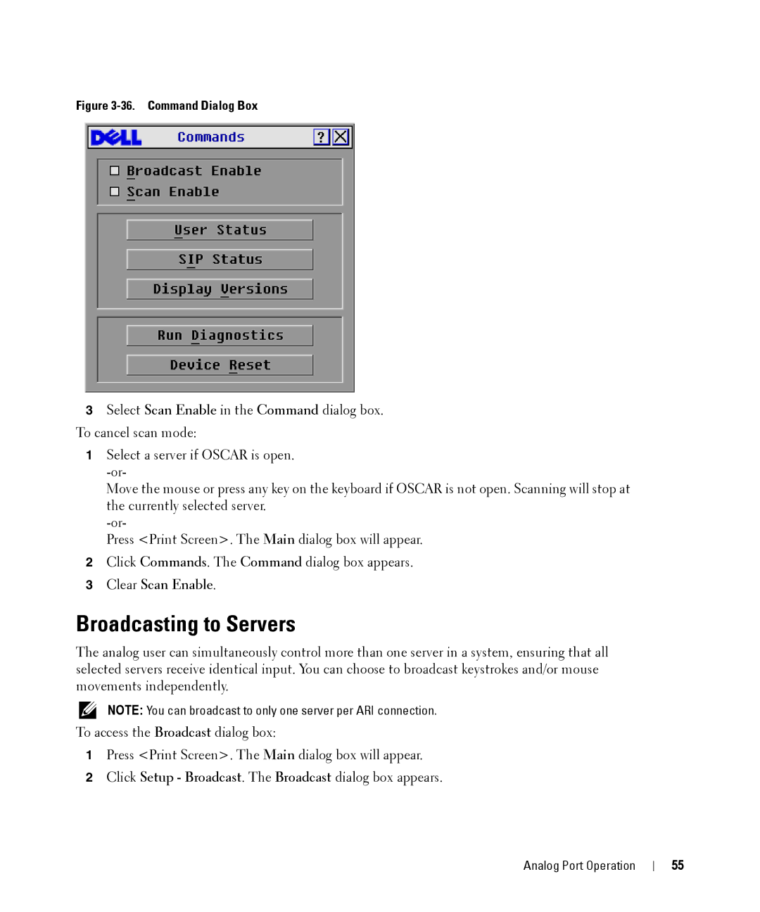 Dell 2161DS manual Broadcasting to Servers, Command Dialog Box 