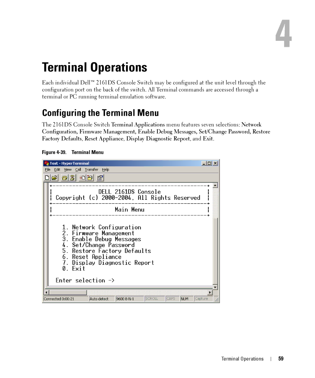 Dell 2161DS manual Terminal Operations, Configuring the Terminal Menu 