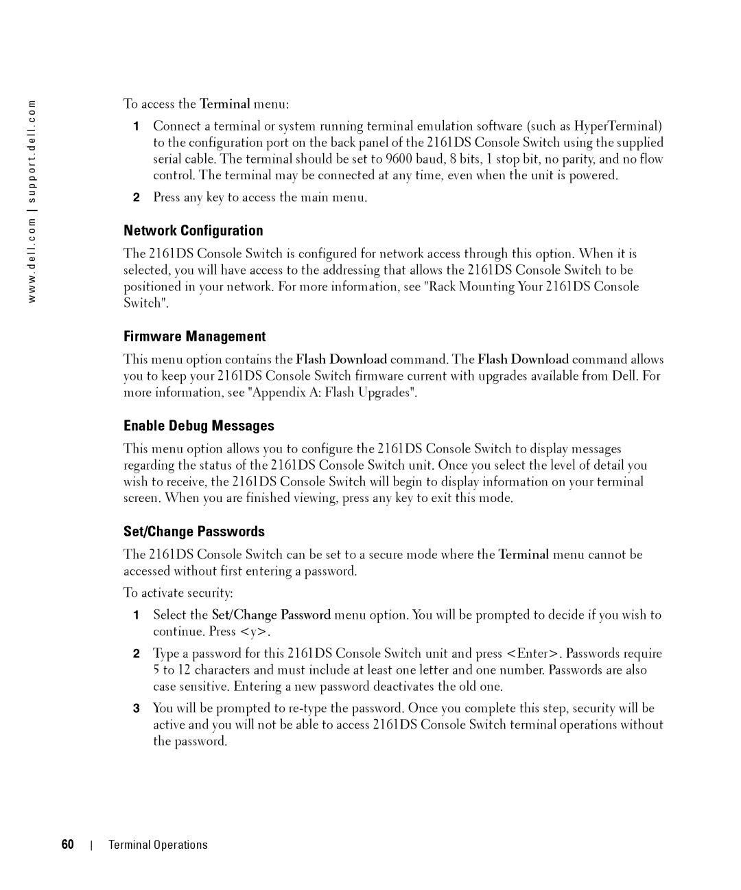 Dell 2161DS manual Network Configuration, Firmware Management, Enable Debug Messages, Set/Change Passwords 