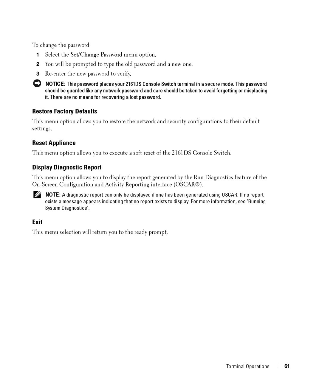 Dell 2161DS manual Restore Factory Defaults, Reset Appliance, Display Diagnostic Report, Exit 