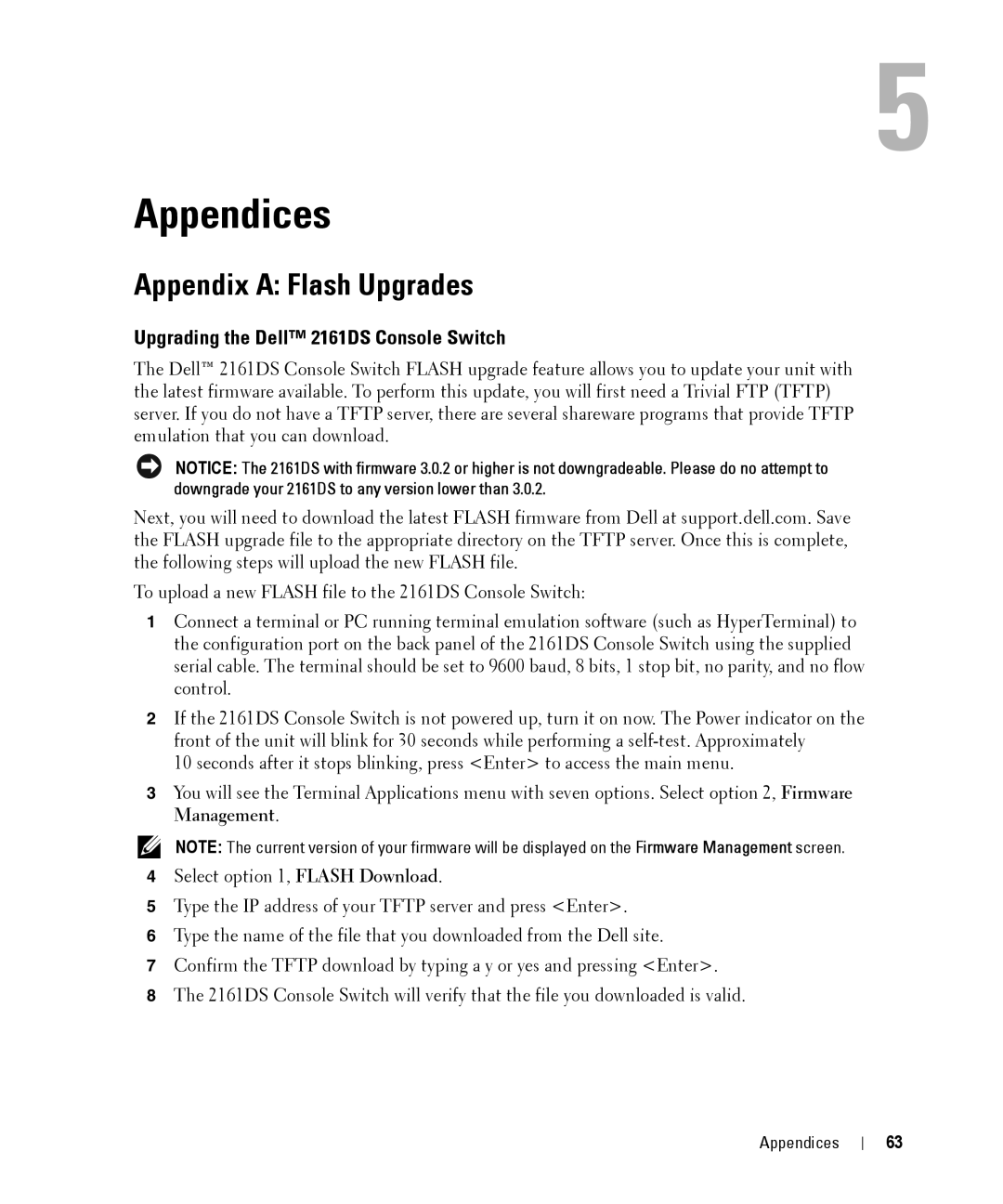 Dell manual Appendix a Flash Upgrades, Upgrading the Dell 2161DS Console Switch 