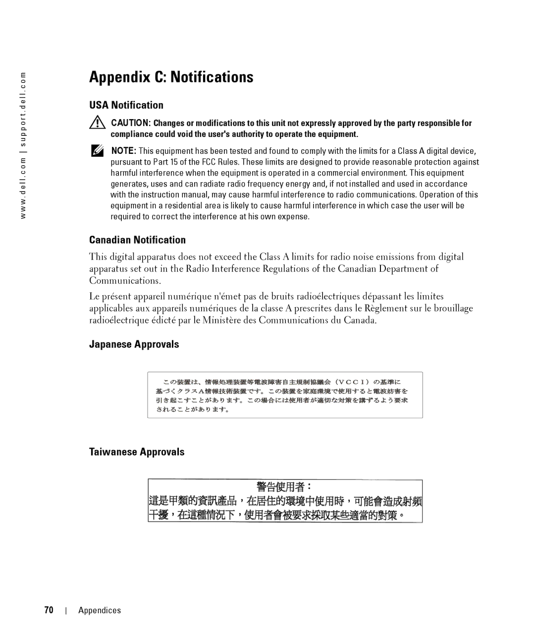 Dell 2161DS manual Appendix C Notifications, USA Notification Canadian Notification, Japanese Approvals Taiwanese Approvals 