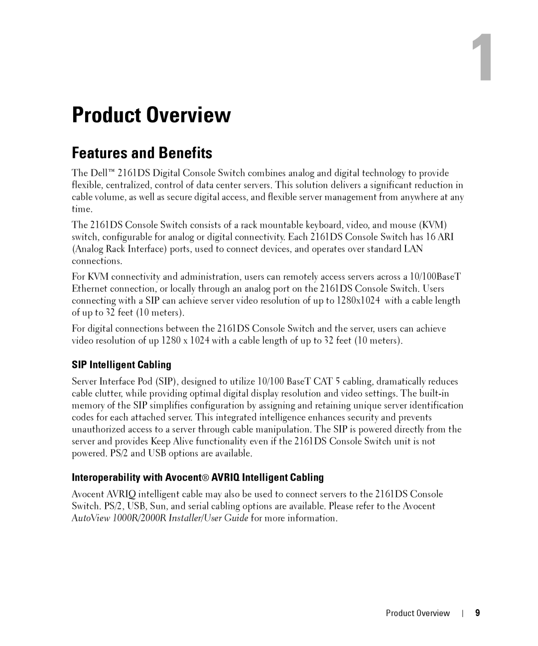 Dell 2161DS manual Features and Benefits, SIP Intelligent Cabling, Interoperability with Avocent Avriq Intelligent Cabling 