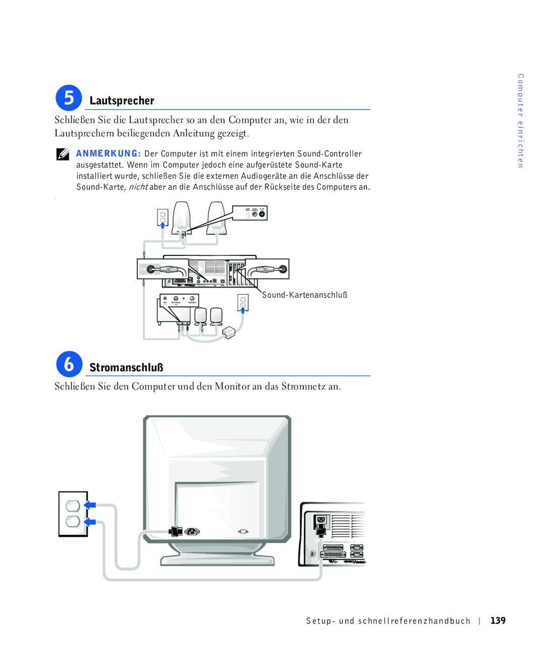 Dell 220 Systems, 4390398 manual 6WURPDQVFKOX‰, 6FKOLH‰HQ6LHGHQ&RPSXWHUXQGGHQ0RQLWRUDQGDV6WURPQHWDQ, 6RXQG.DUWHQDQVFKOX‰ 