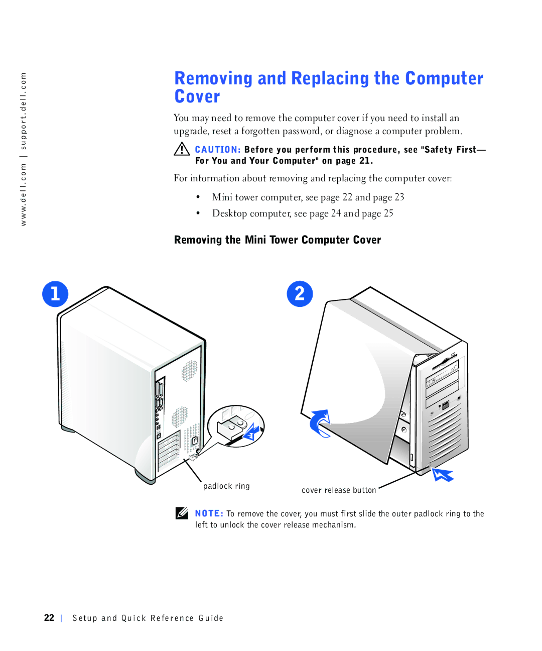 Dell 4390398 manual 5HPRYLQJWKH0LQL7RZHU&RPSXWHU&RYHU, Sdgorfnulqjfryhuuhohdvhexwwrq, Ohiwwrxqorfnwkhfryhuuhohdvhphfkdqlvp 