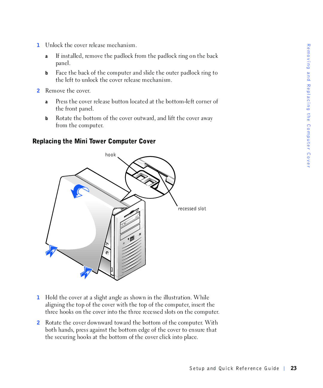 Dell 220 Systems, 4390398 manual 5HSODFLQJWKH0LQL7RZHU&RPSXWHU&RYHU, 8QORFNWKHFRYHUUHOHDVHPHFKDQLVP, Sdqho, Iurpwkhfrpsxwhu 