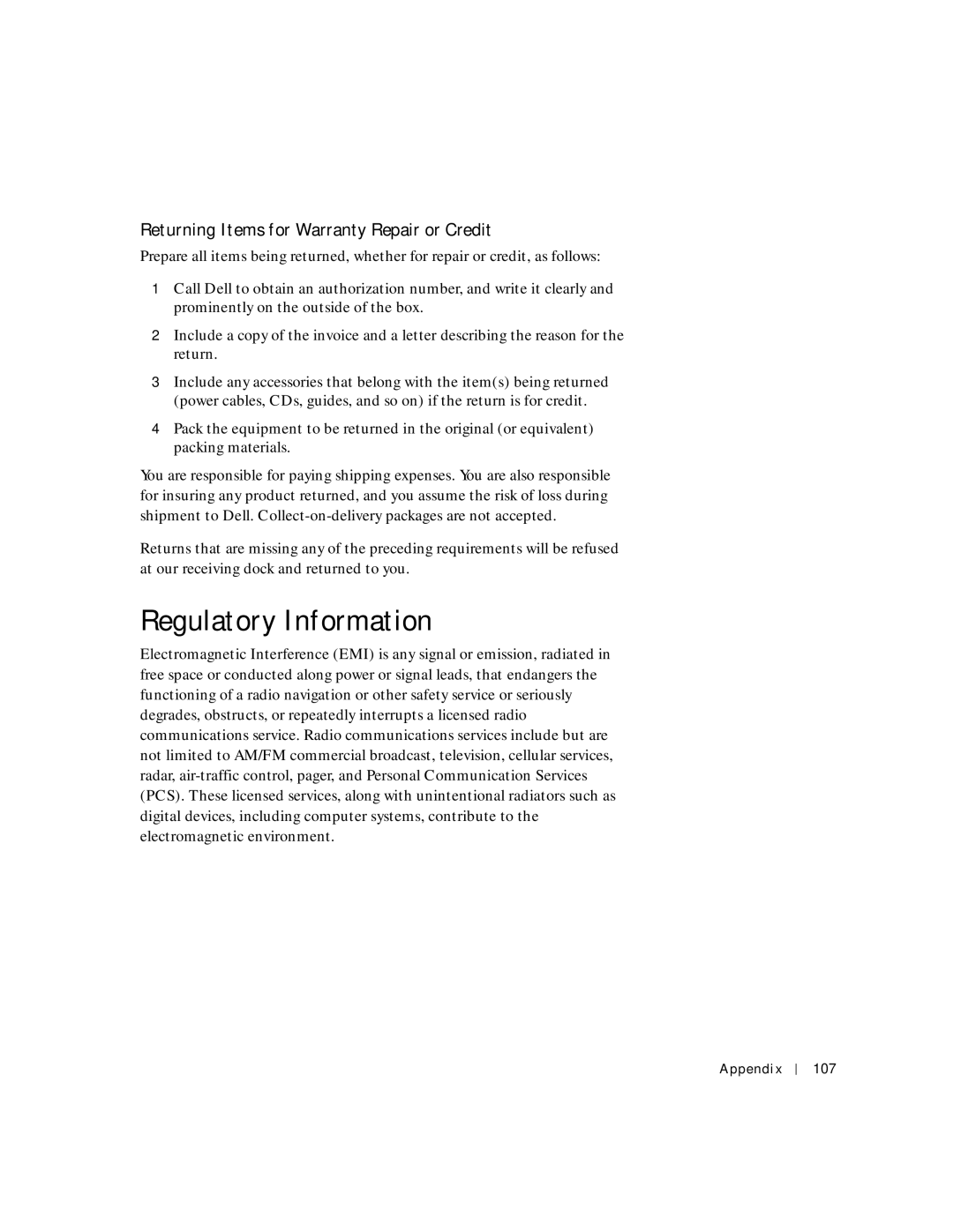 Dell 2200 owner manual Regulatory Information, Returning Items for Warranty Repair or Credit 