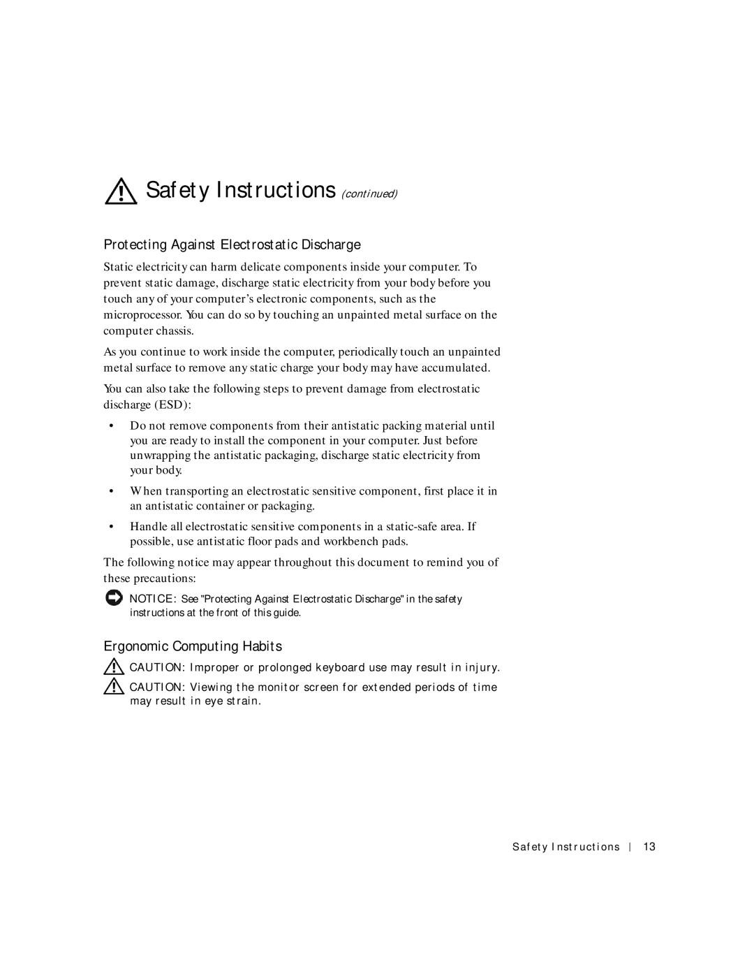 Dell 2200 owner manual Protecting Against Electrostatic Discharge, Ergonomic Computing Habits 