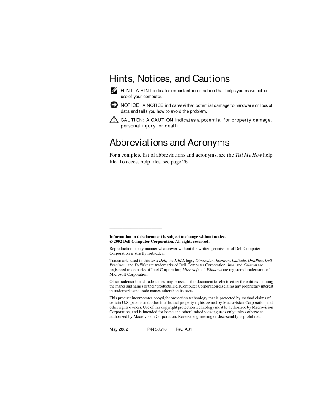 Dell 2200 owner manual Hints, Notices, and Cautions, Abbreviations and Acronyms 