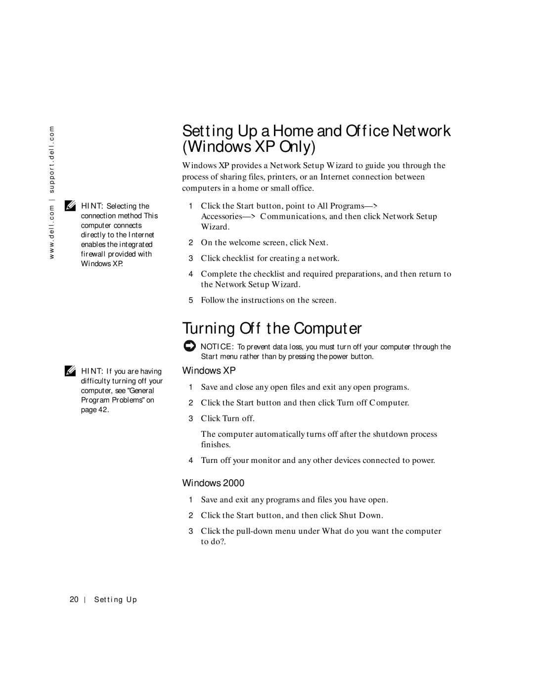 Dell 2200 owner manual Setting Up a Home and Office Network Windows XP Only, Turning Off the Computer 