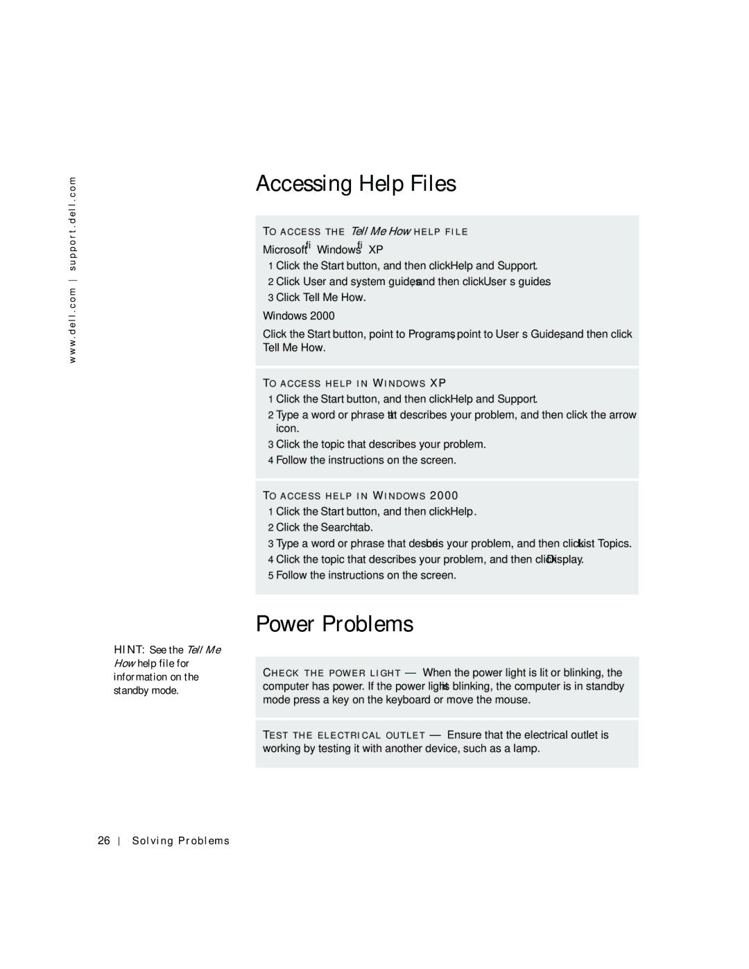 Dell 2200 owner manual Accessing Help Files, Power Problems 