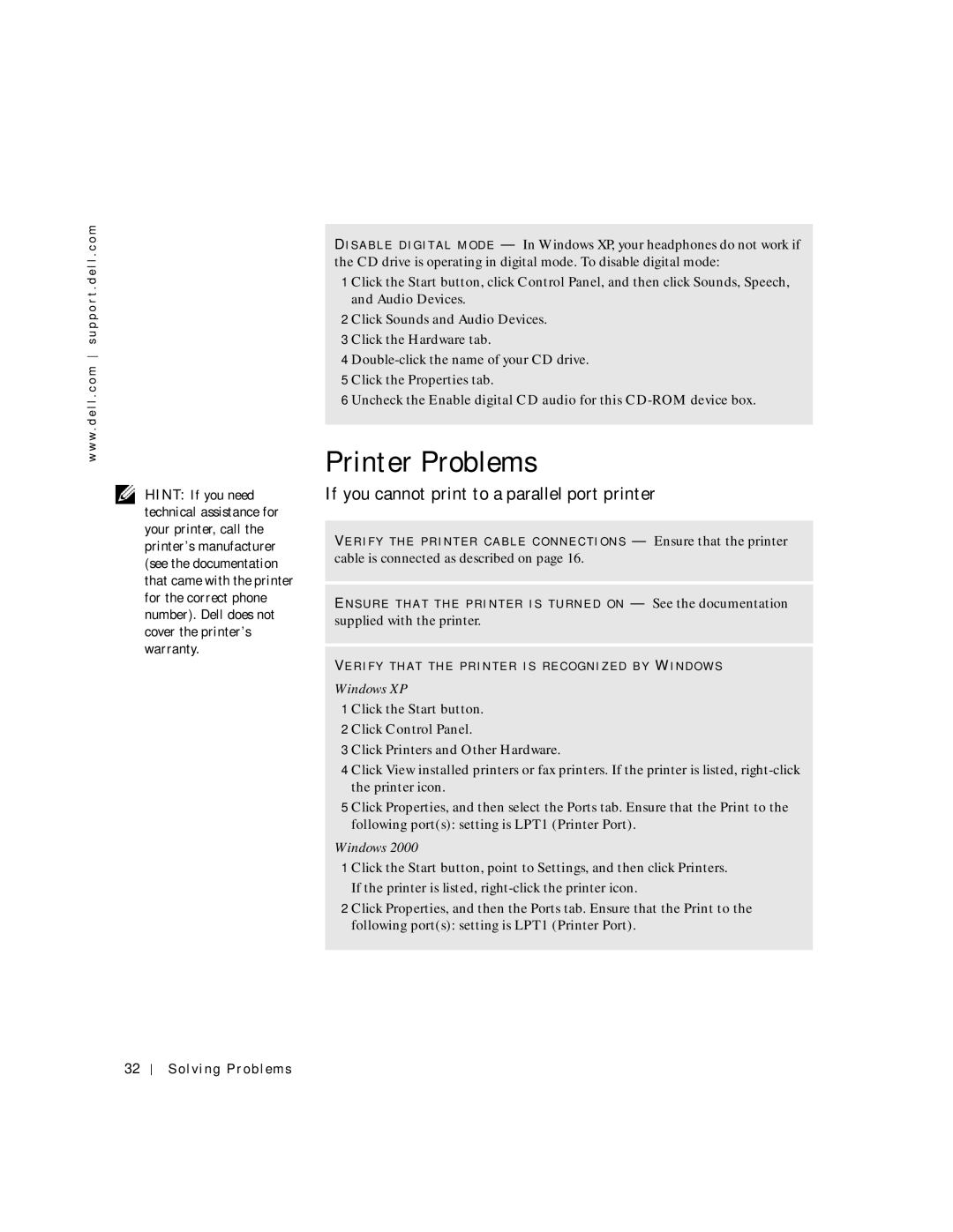 Dell 2200 owner manual Printer Problems, If you cannot print to a parallel port printer 