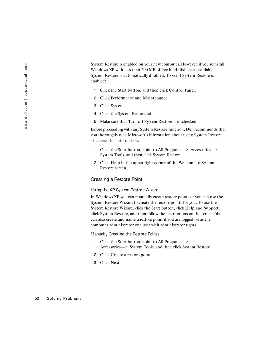 Dell 2200 owner manual Creating a Restore Point, Using the XP System Restore Wizard, Manually Creating the Restore Points 