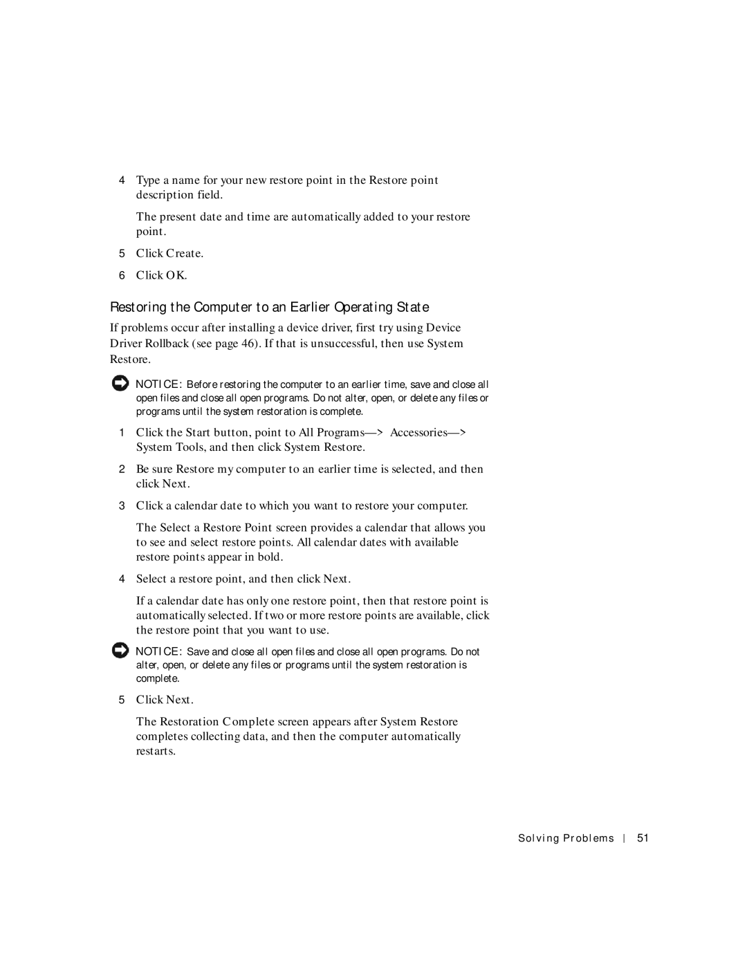 Dell 2200 owner manual Restoring the Computer to an Earlier Operating State 