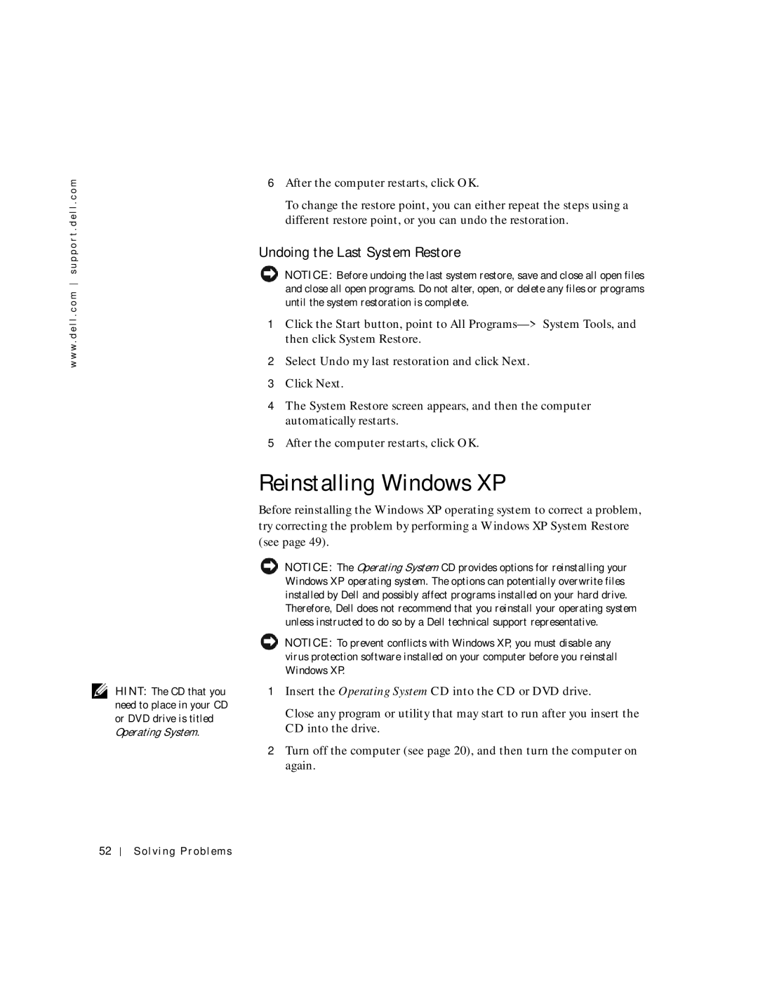 Dell 2200 owner manual Reinstalling Windows XP, Undoing the Last System Restore 