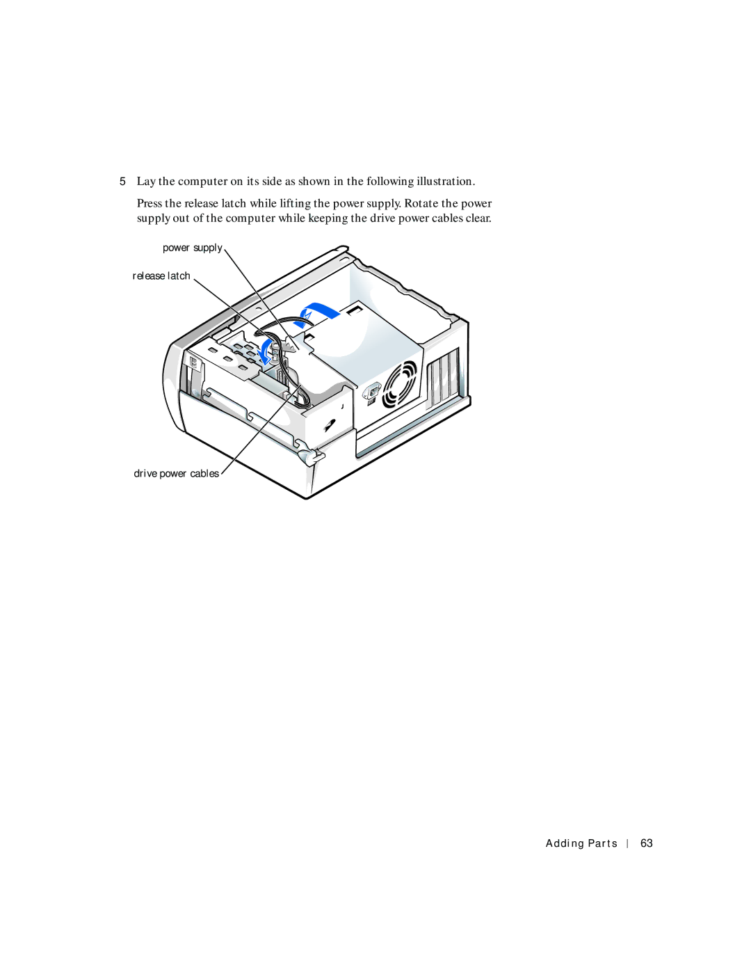 Dell 2200 owner manual Power supply Release latch Drive power cables 