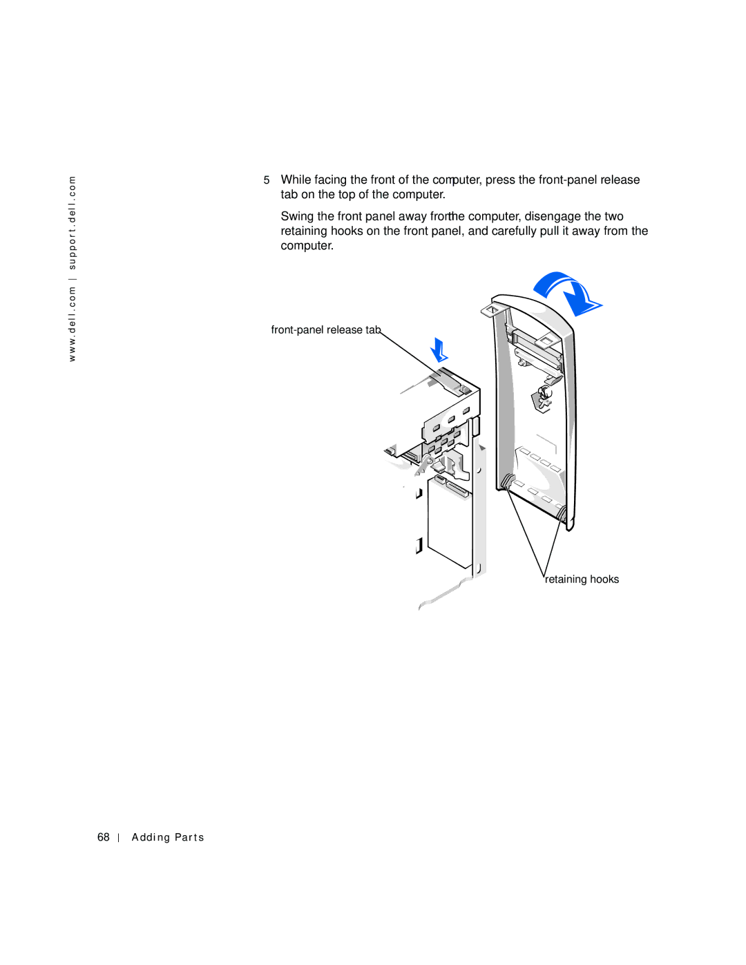 Dell 2200 owner manual Front-panel release tab Retaining hooks 