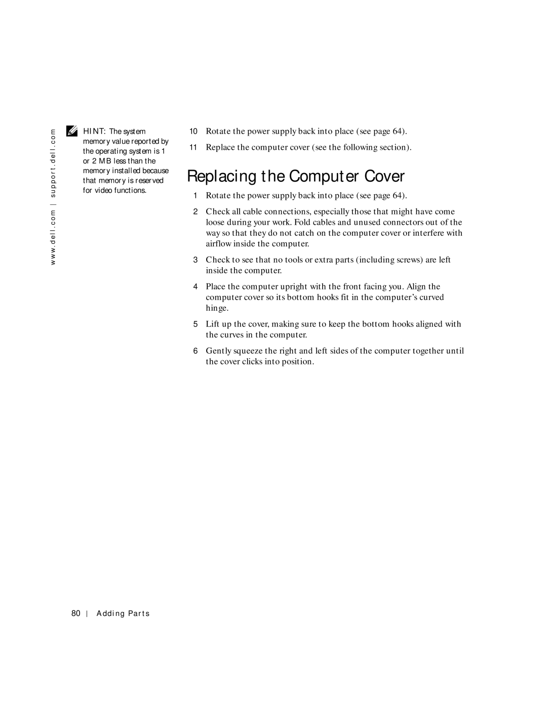 Dell 2200 owner manual Replacing the Computer Cover 