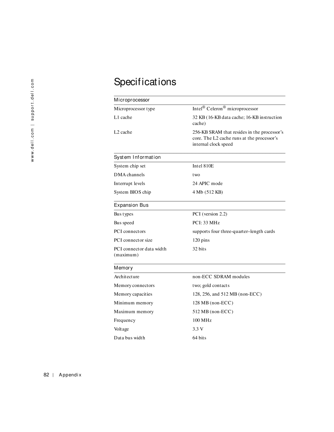 Dell 2200 owner manual Specifications, Microprocessor 