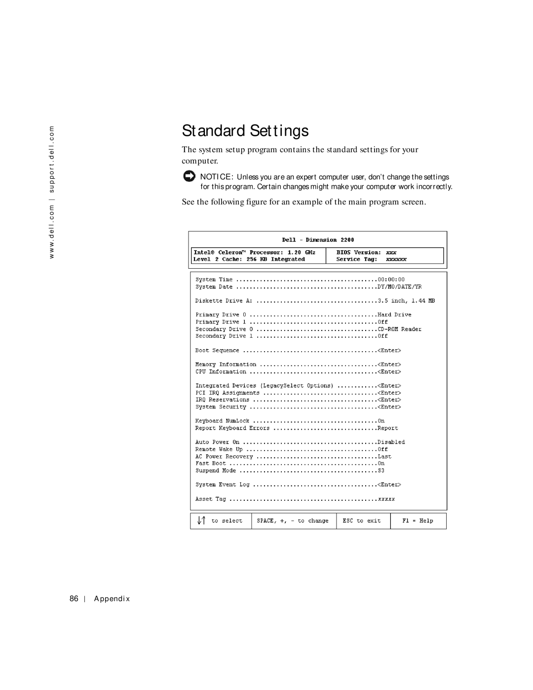 Dell 2200 owner manual Standard Settings 