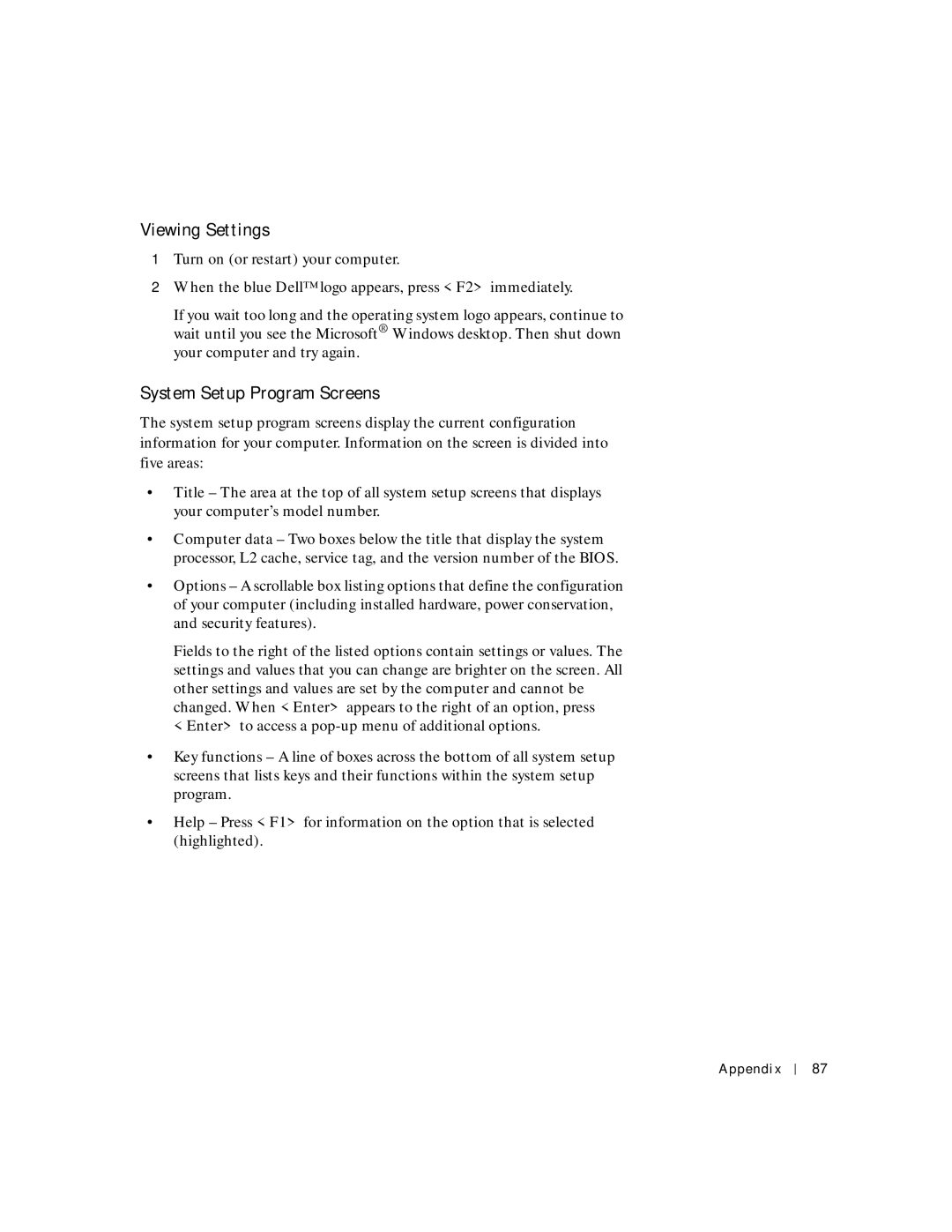 Dell 2200 owner manual Viewing Settings, System Setup Program Screens 