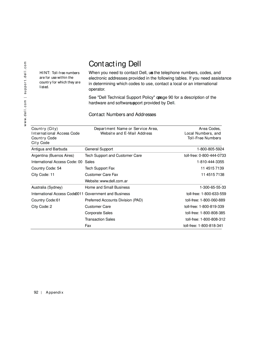 Dell 2200 Contacting Dell, Contact Numbers and Addresses, Antigua and Barbuda, Argentina Buenos Aires, Australia Sydney 