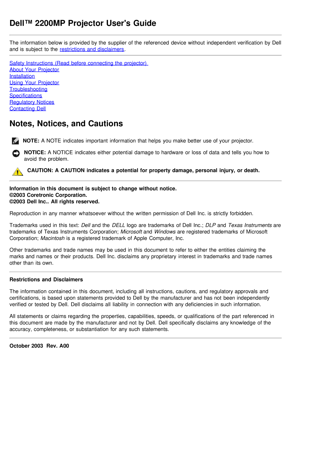 Dell specifications Dell 2200MP Projector Users Guide, Restrictions and Disclaimers, October 2003 Rev. A00 