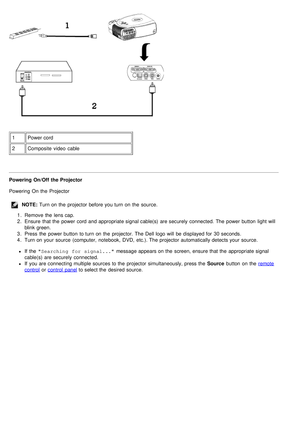 Dell 2200MP specifications Powering On/Off the Projector 