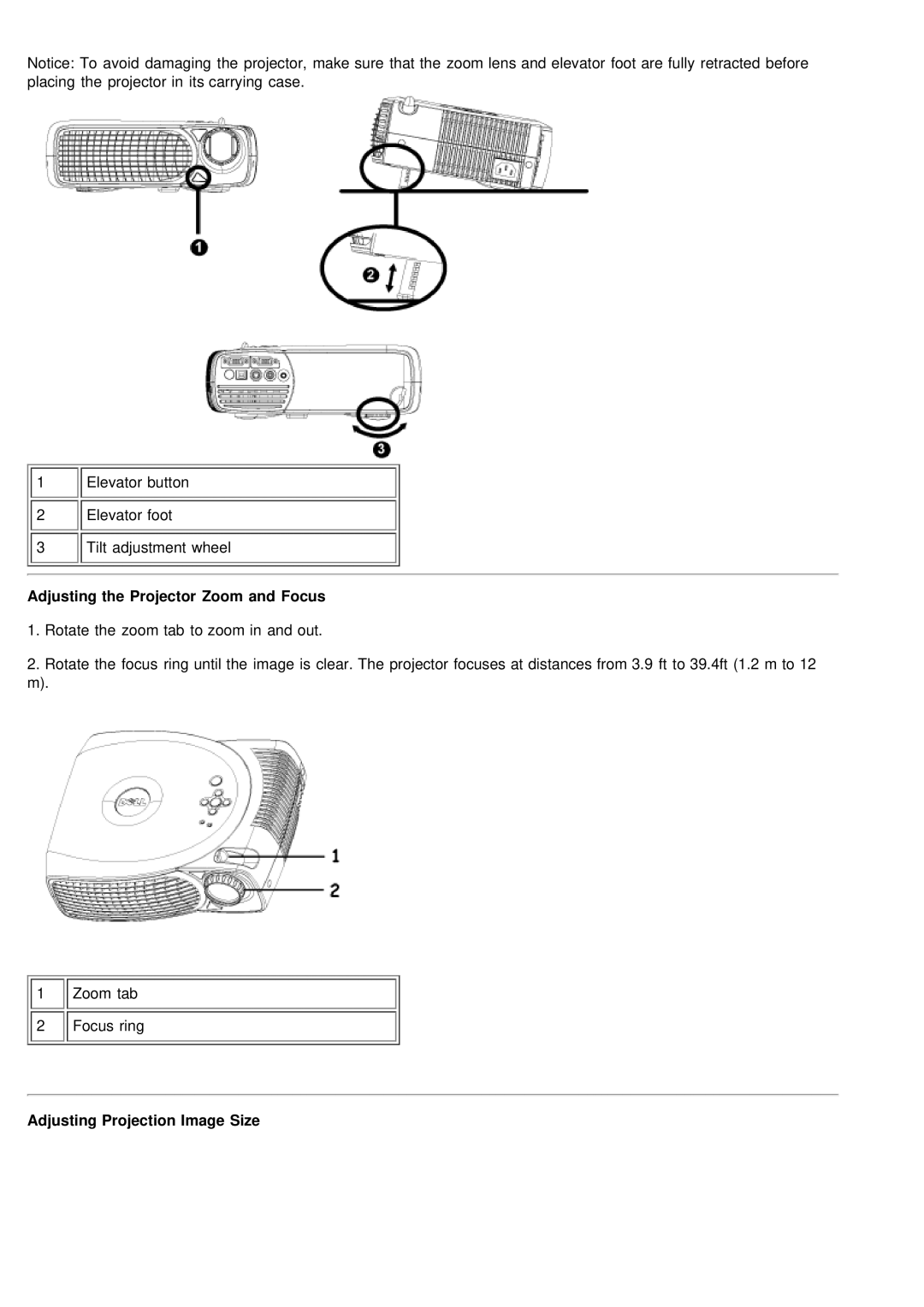 Dell 2200MP specifications Adjusting the Projector Zoom and Focus, Adjusting Projection Image Size 