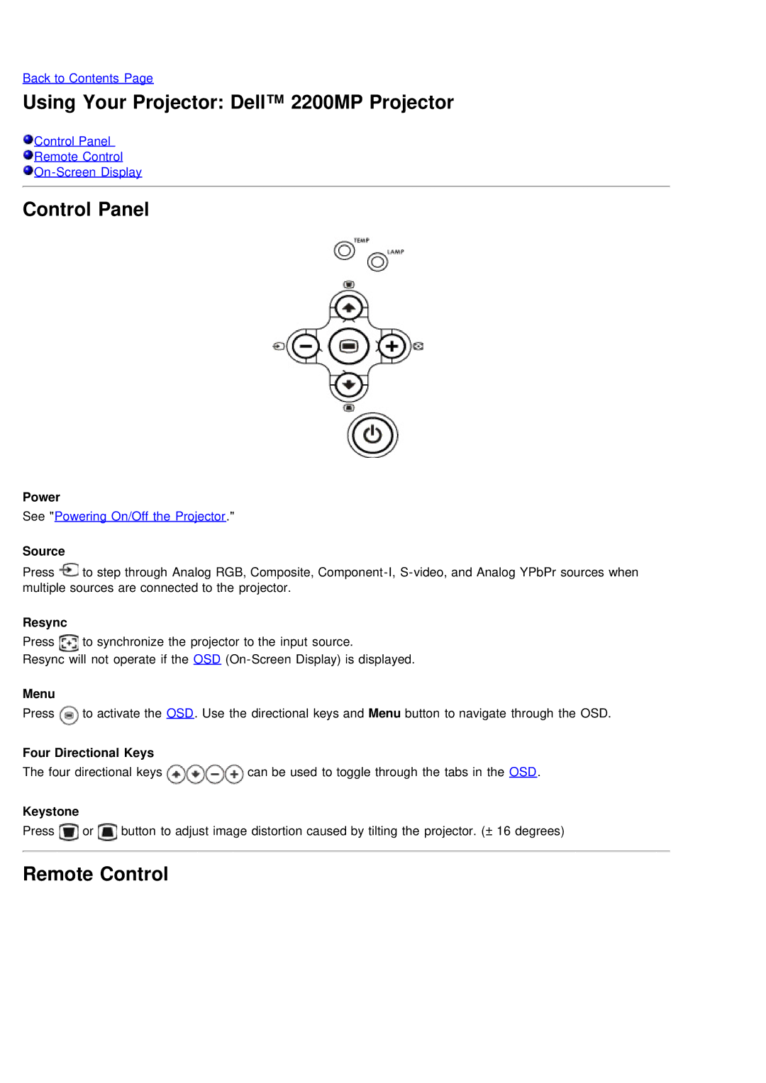 Dell specifications Using Your Projector Dell 2200MP Projector, Control Panel, Remote Control 