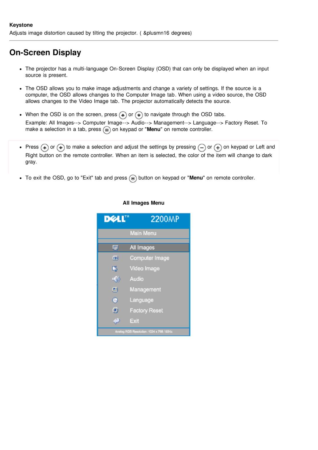 Dell 2200MP specifications On-Screen Display, All Images Menu 