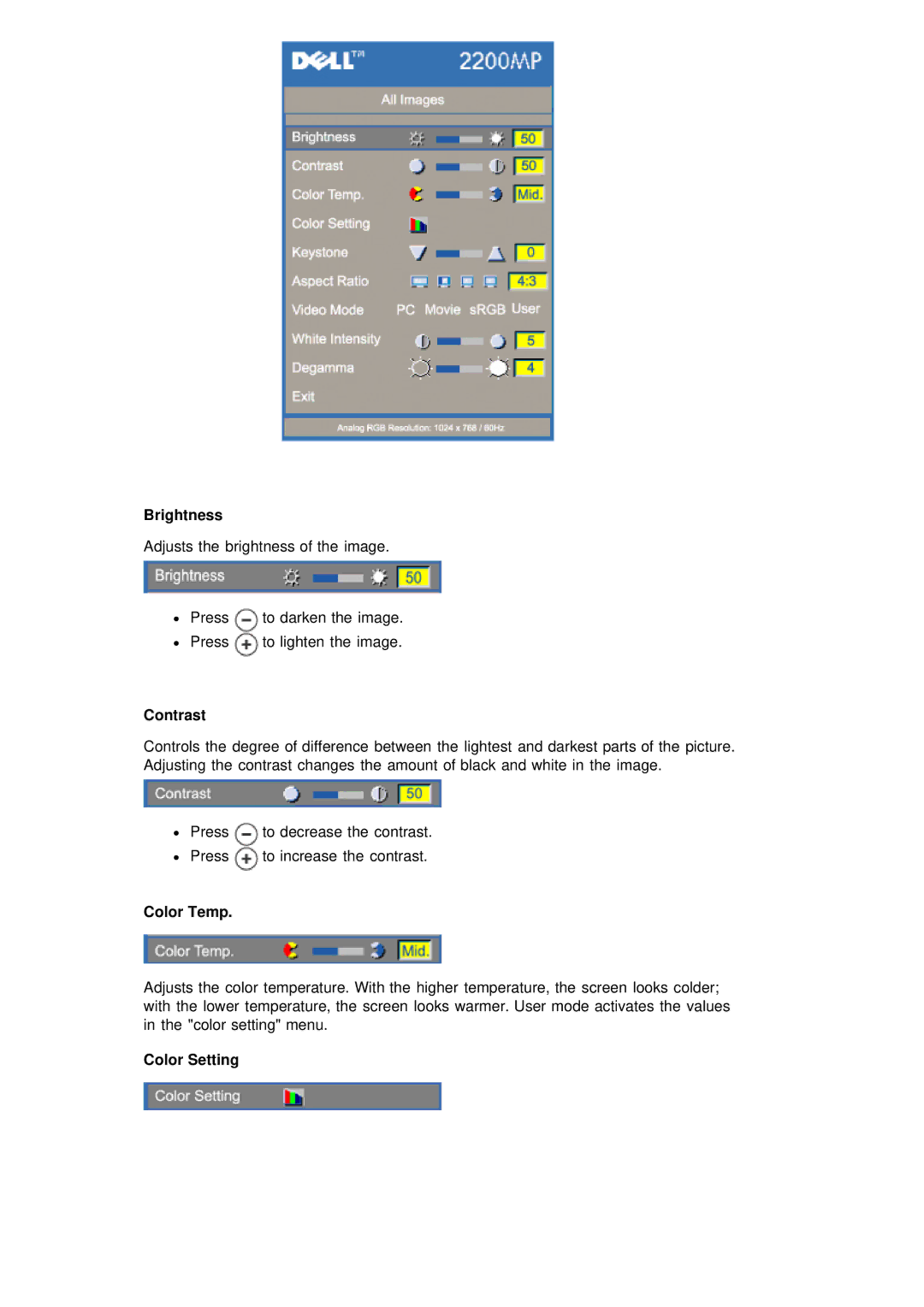 Dell 2200MP specifications Brightness, Contrast, Color Temp, Color Setting 