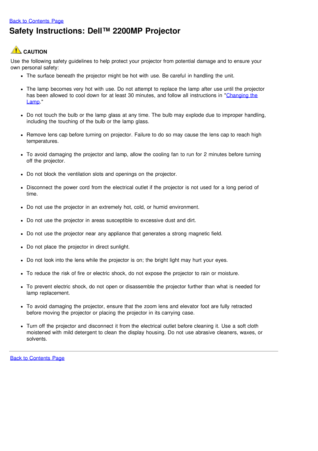 Dell specifications Safety Instructions Dell 2200MP Projector 