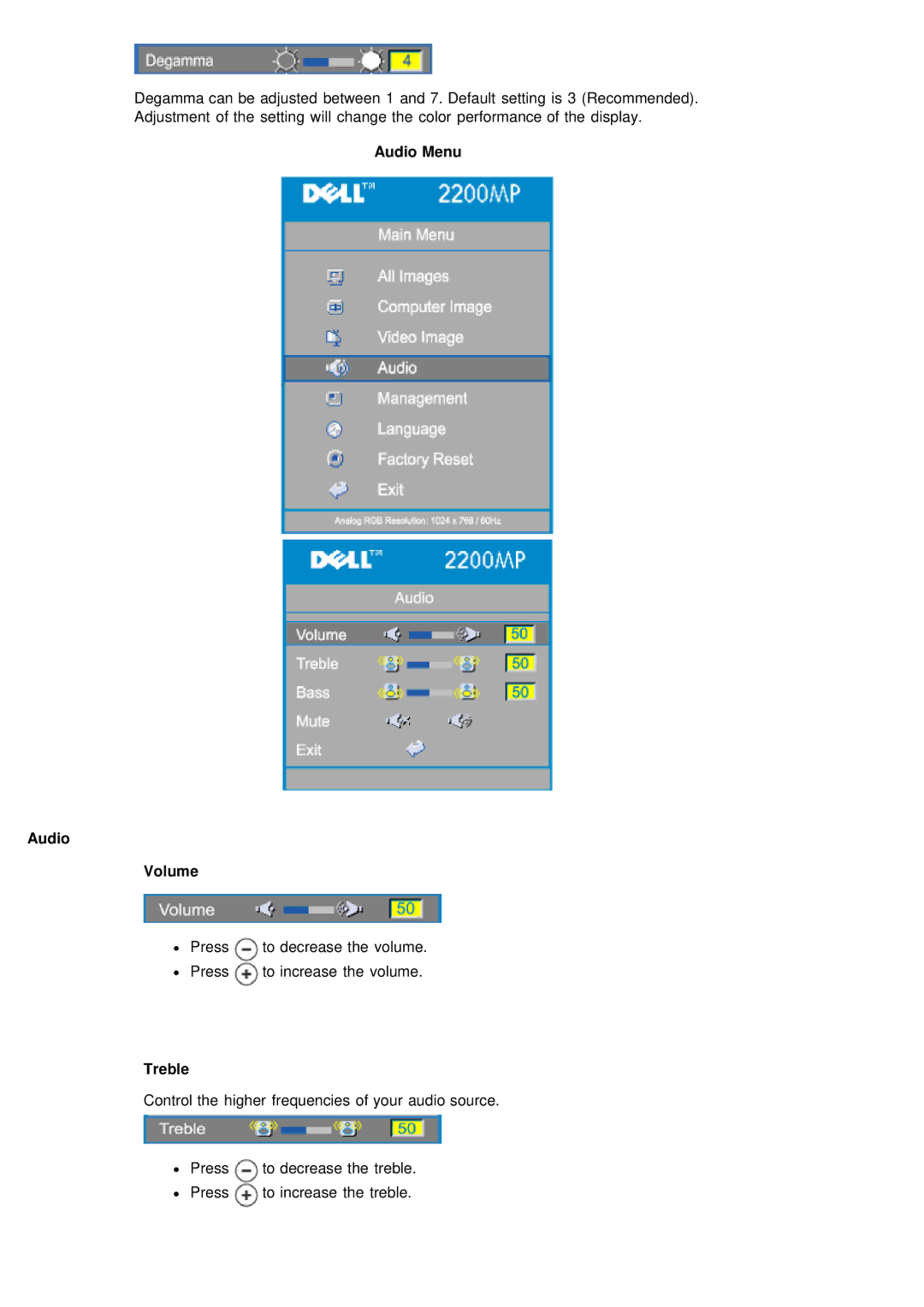 Dell 2200MP specifications Audio Menu Volume, Treble 