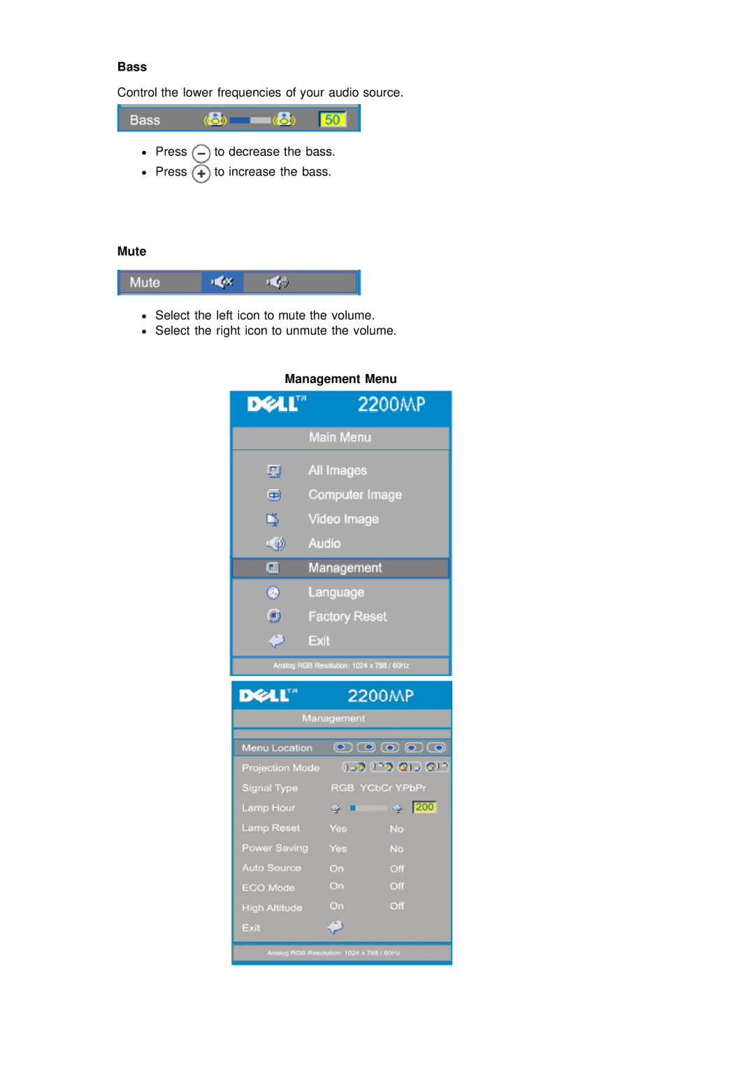 Dell 2200MP specifications Bass, Mute, Management Menu 