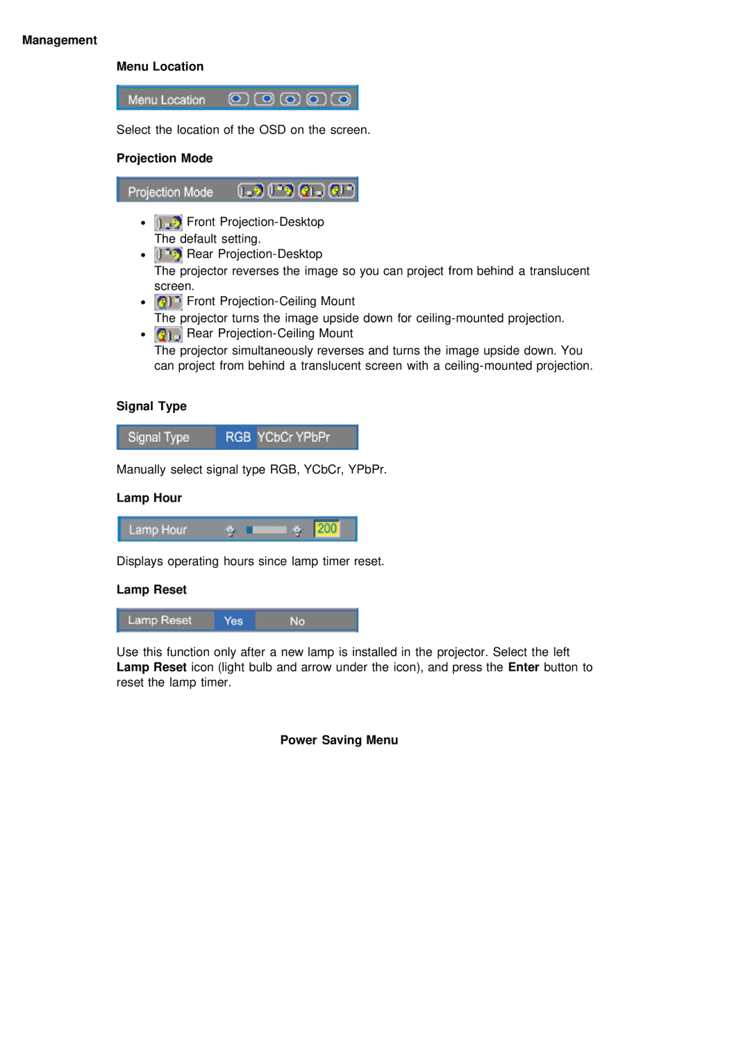 Dell 2200MP specifications Management Menu Location, Projection Mode, Signal Type, Lamp Hour, Lamp Reset, Power Saving Menu 