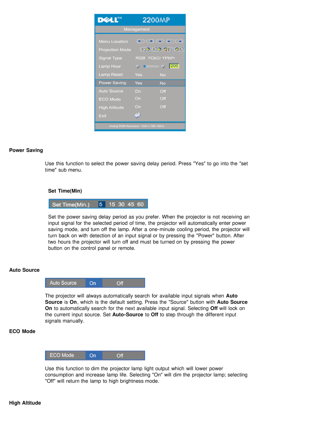 Dell 2200MP specifications Power Saving, Set TimeMin, Auto Source, ECO Mode, High Altitude 