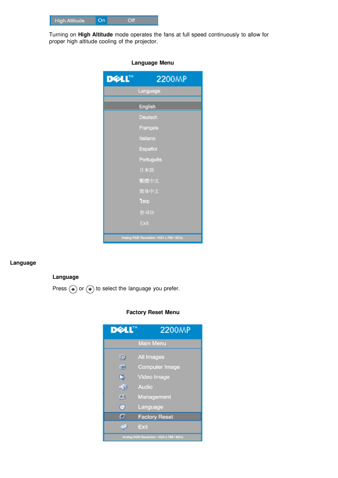 Dell 2200MP specifications Language Menu, Factory Reset Menu 