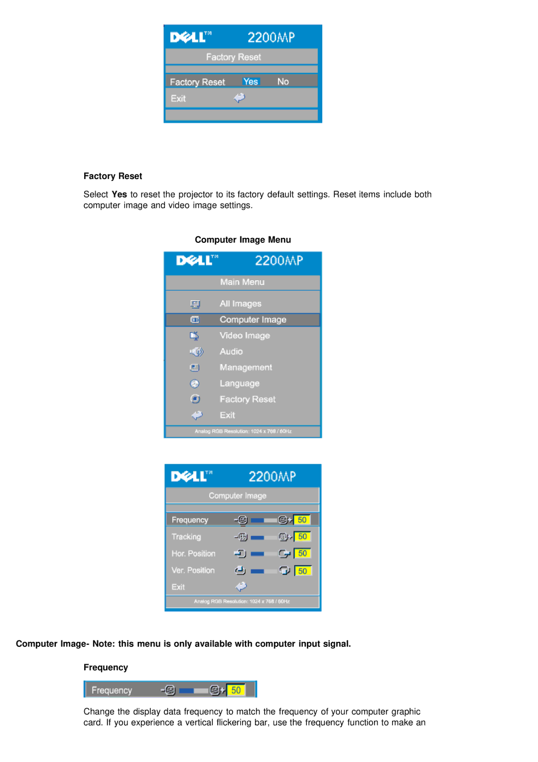 Dell 2200MP specifications Factory Reset 