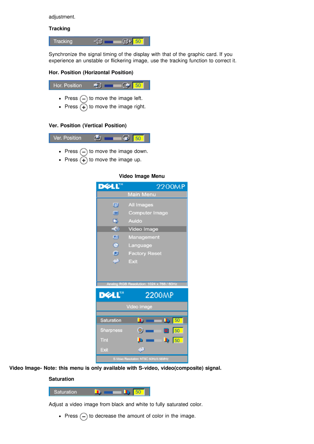 Dell 2200MP specifications Tracking, Hor. Position Horizontal Position, Ver. Position Vertical Position 